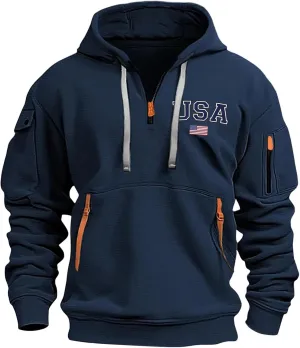 Men'S 1/4 Zip-Up Hoodies With Pockets Featuring A Pullover Design And An American Flag Print Hoodie Top