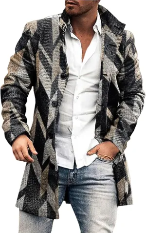 Mens Casual Trench Coat Slim Fit Notched Collar Long Woolen Jacket Overcoat Single Breasted Blazer Pea Coat wih Pocket