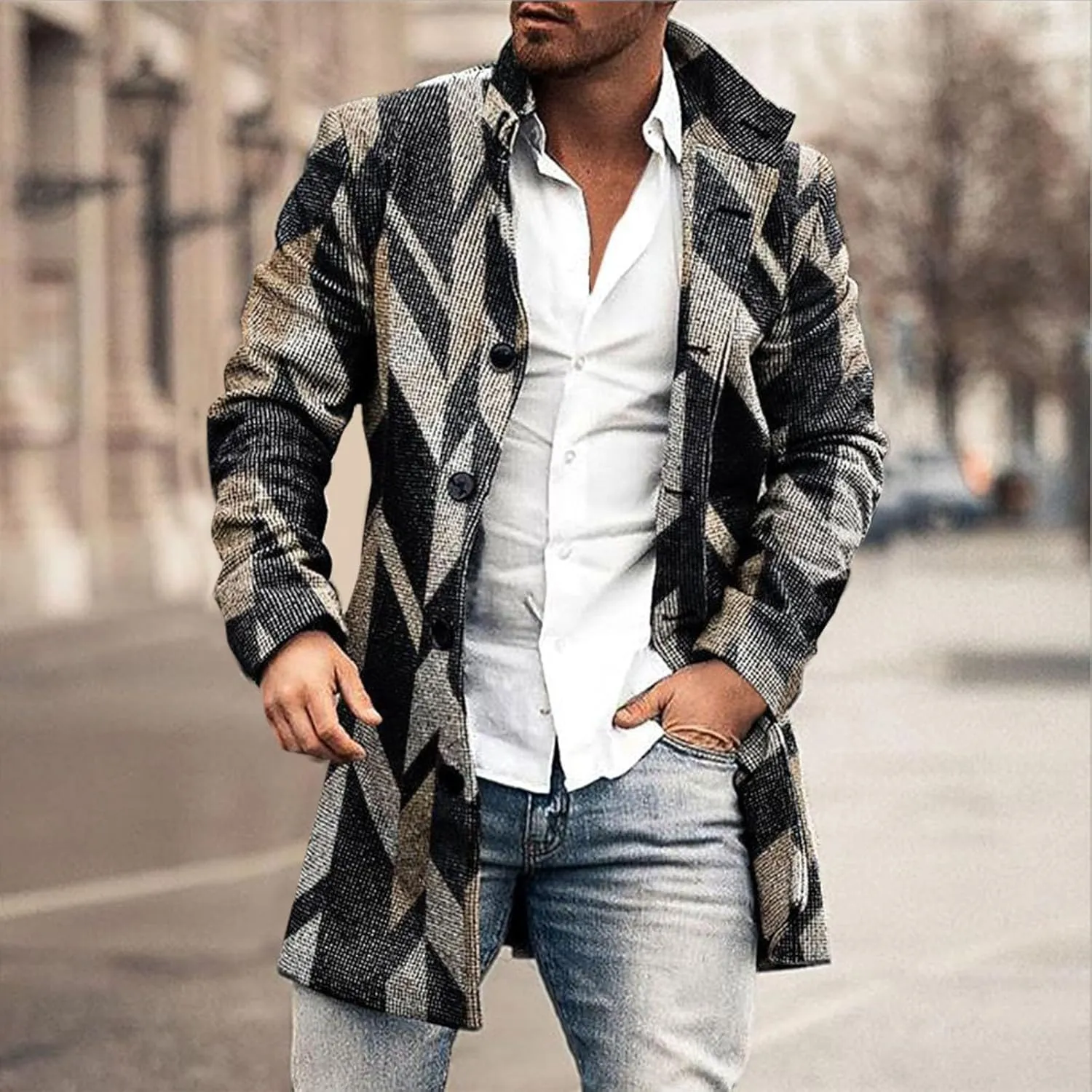 Mens Casual Trench Coat Slim Fit Notched Collar Long Woolen Jacket Overcoat Single Breasted Blazer Pea Coat wih Pocket
