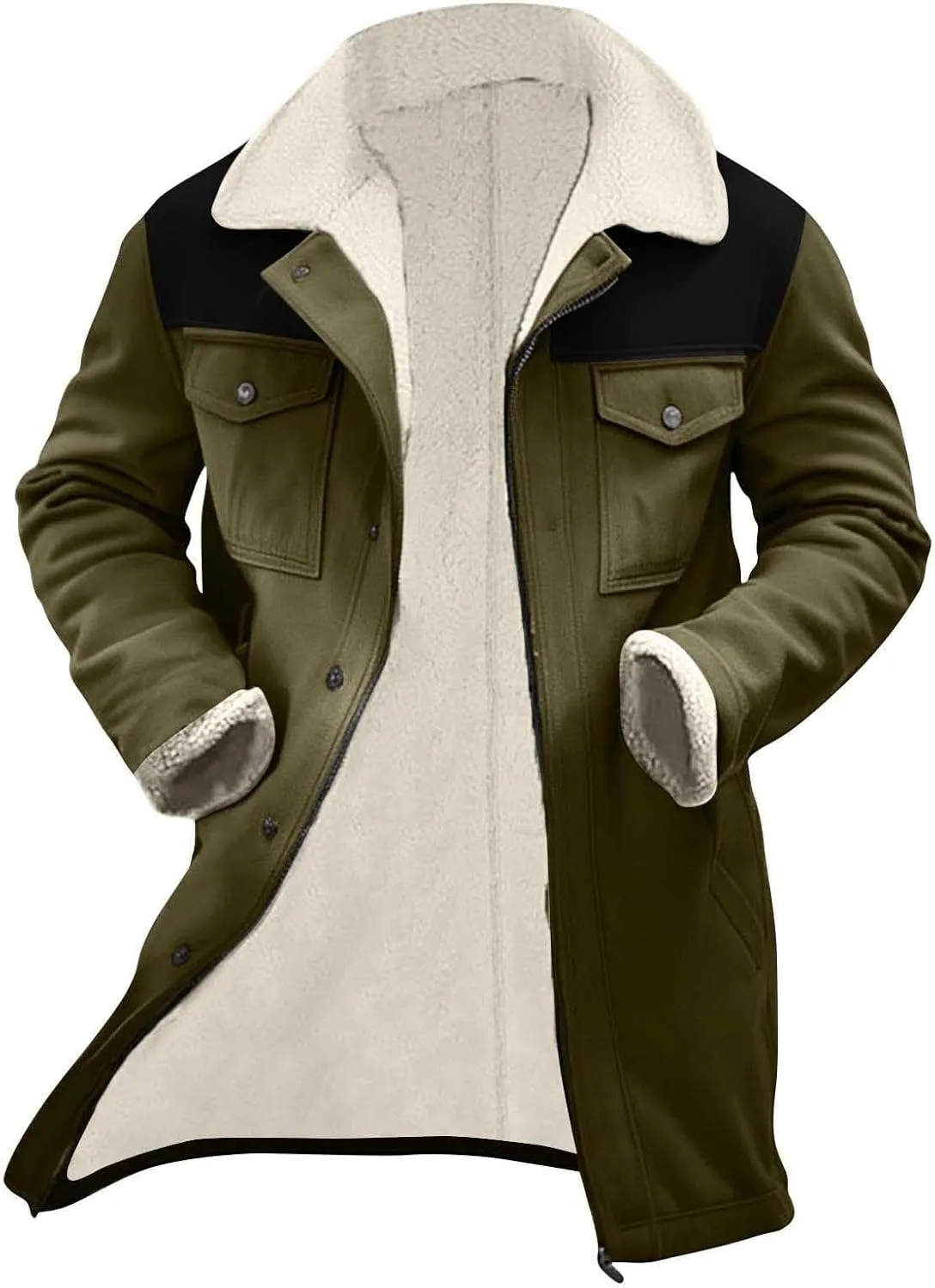 Men's Faux Shearling Sherpa Lined Overcoat Retro Faux Suede Trench Coat Notched Collar Pea Coat Button Down Outerwear