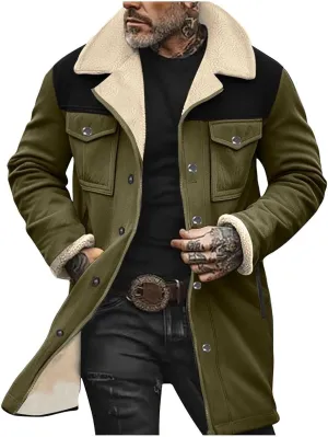 Men's Faux Shearling Sherpa Lined Overcoat Retro Faux Suede Trench Coat Notched Collar Pea Coat Button Down Outerwear