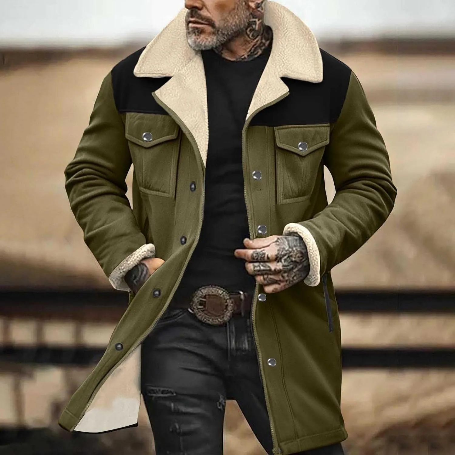 Men's Faux Shearling Sherpa Lined Overcoat Retro Faux Suede Trench Coat Notched Collar Pea Coat Button Down Outerwear