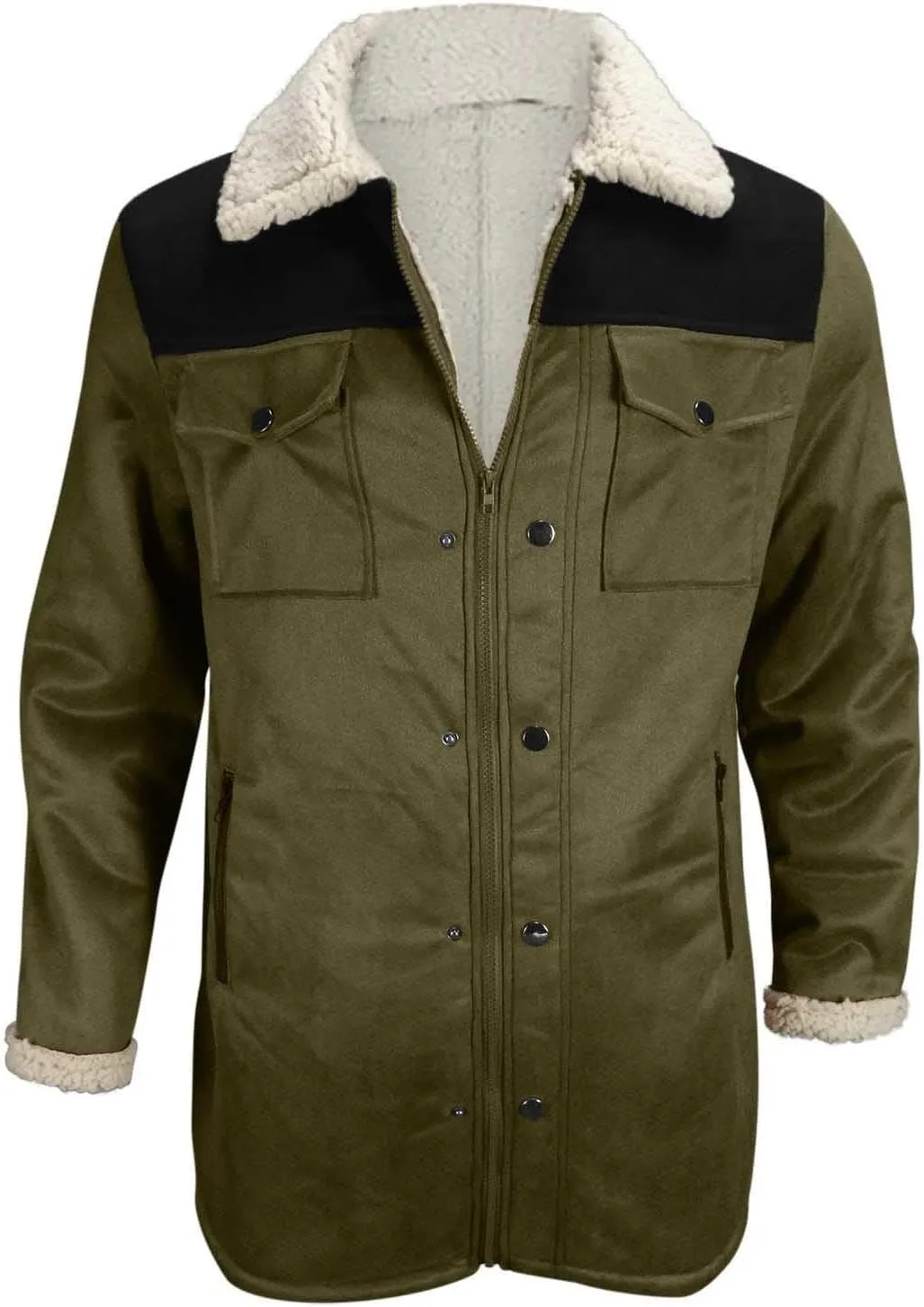 Men's Faux Shearling Sherpa Lined Overcoat Retro Faux Suede Trench Coat Notched Collar Pea Coat Button Down Outerwear