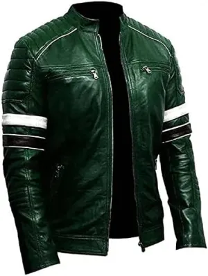 Mens Genuine Leather Biker Jacket | Vintage Green Distressed Lambskin Motorcycle Jackets for Men
