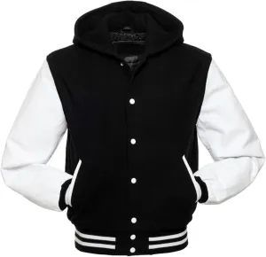 Men's Hooded Varsity Jacket Men Real Leather Sleeve and Wool Blend Body High School Letterman Baseball Jacket