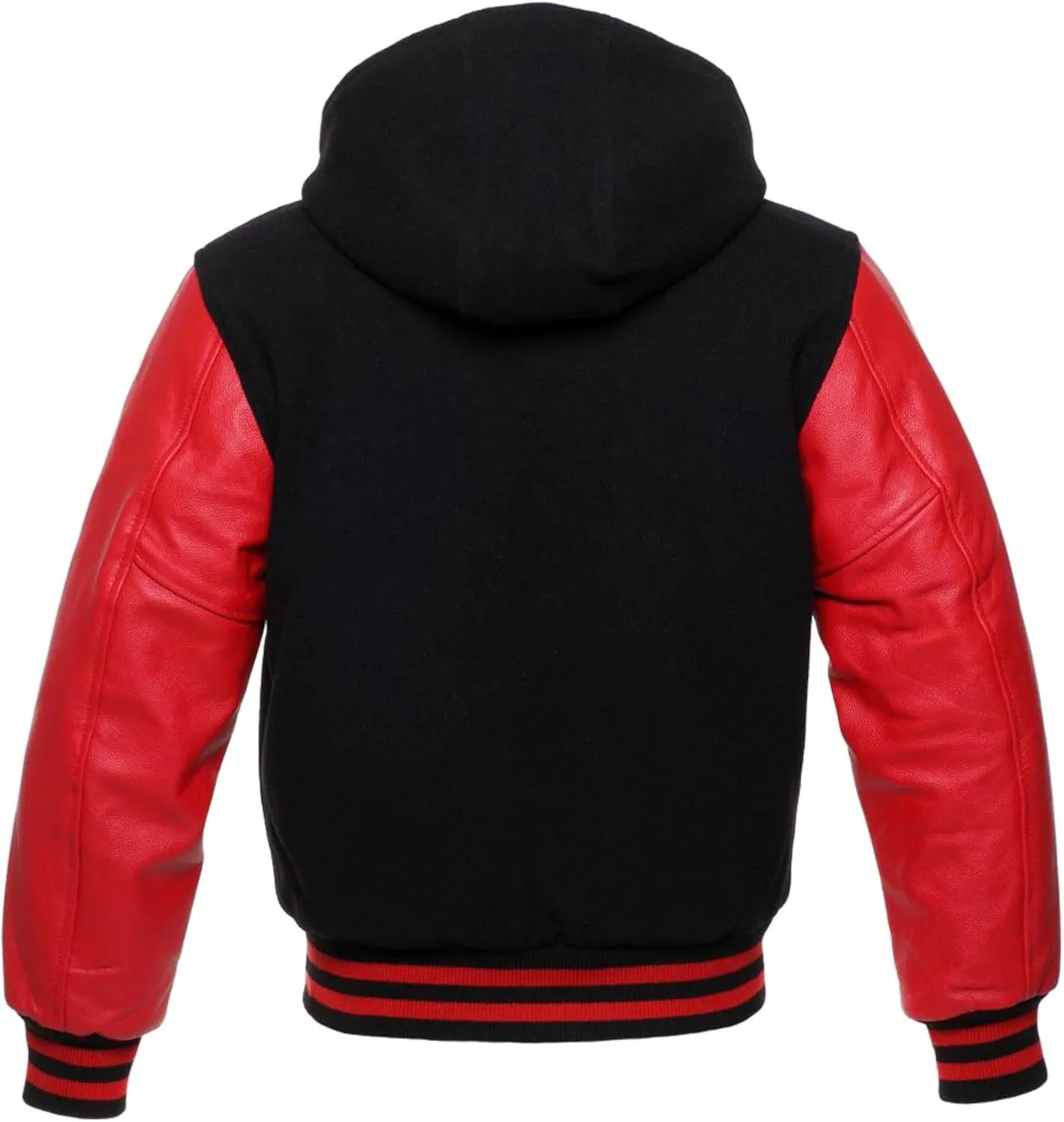 Men's Hooded Varsity Jacket Men Real Leather Sleeve and Wool Blend Body High School Letterman Baseball Jacket