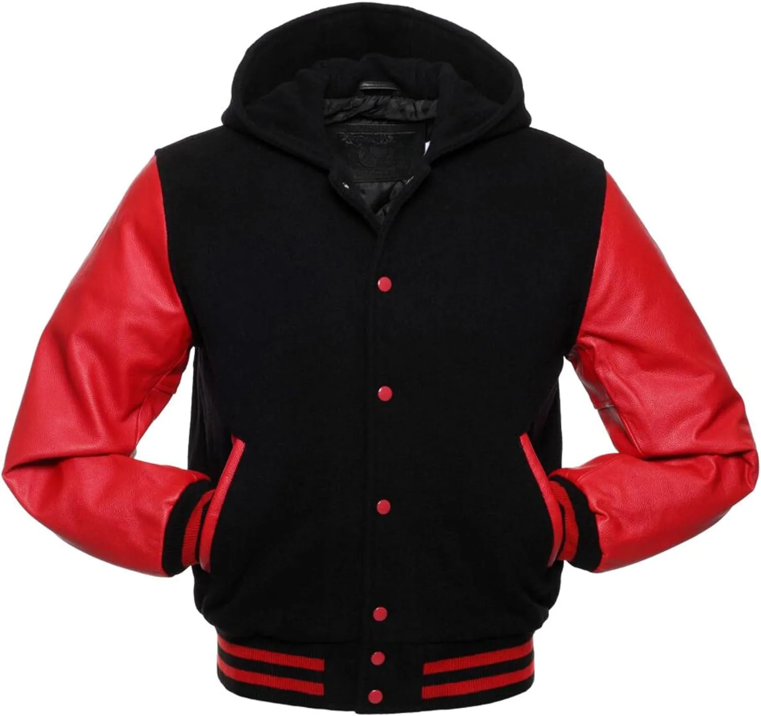 Men's Hooded Varsity Jacket Men Real Leather Sleeve and Wool Blend Body High School Letterman Baseball Jacket