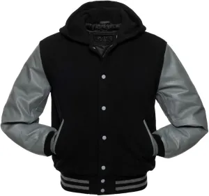 Men's Hooded Varsity Jacket Men Real Leather Sleeve and Wool Blend Body High School Letterman Baseball Jacket
