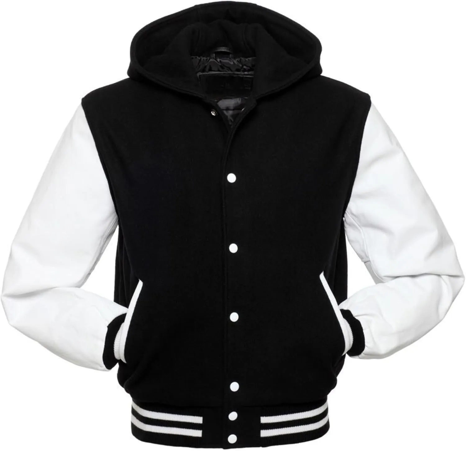 Men's Hooded Varsity Jacket Men Real Leather Sleeve and Wool Blend Body High School Letterman Baseball Jacket