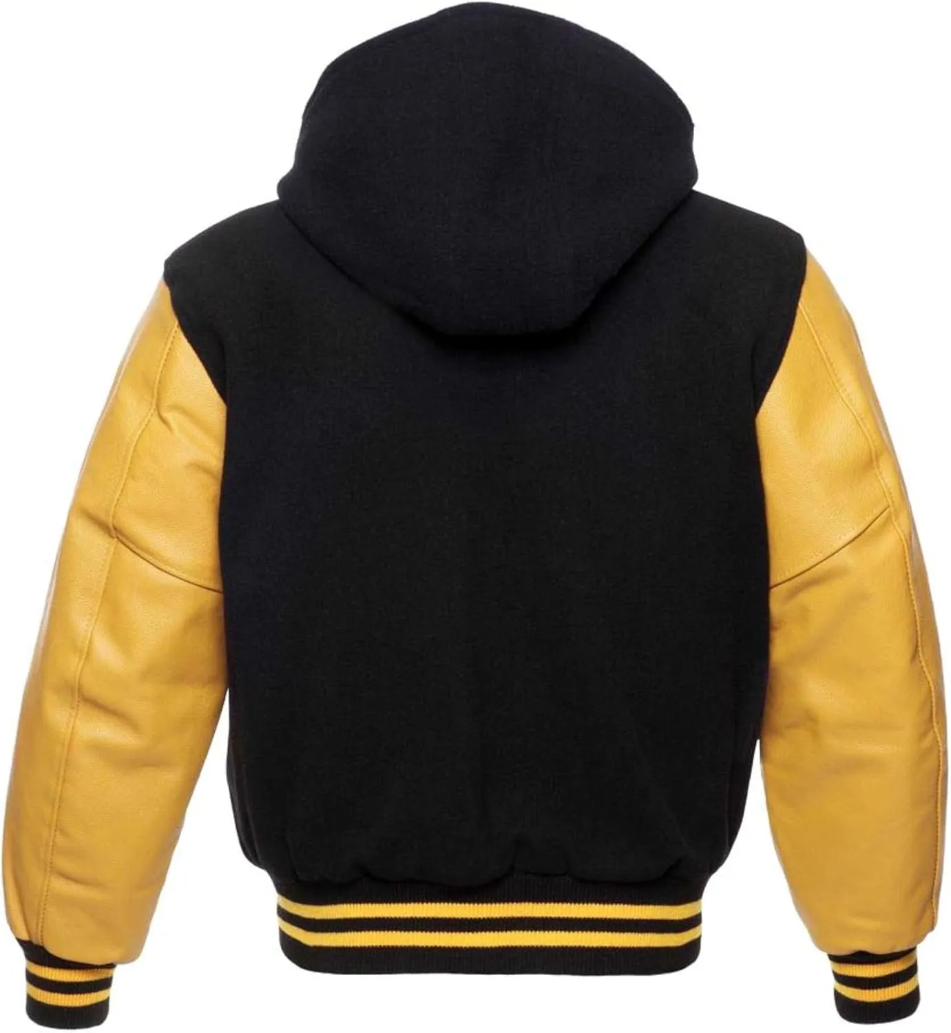 Men's Hooded Varsity Jacket Men Real Leather Sleeve and Wool Blend Body High School Letterman Baseball Jacket