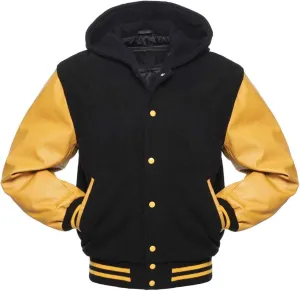 Men's Hooded Varsity Jacket Men Real Leather Sleeve and Wool Blend Body High School Letterman Baseball Jacket
