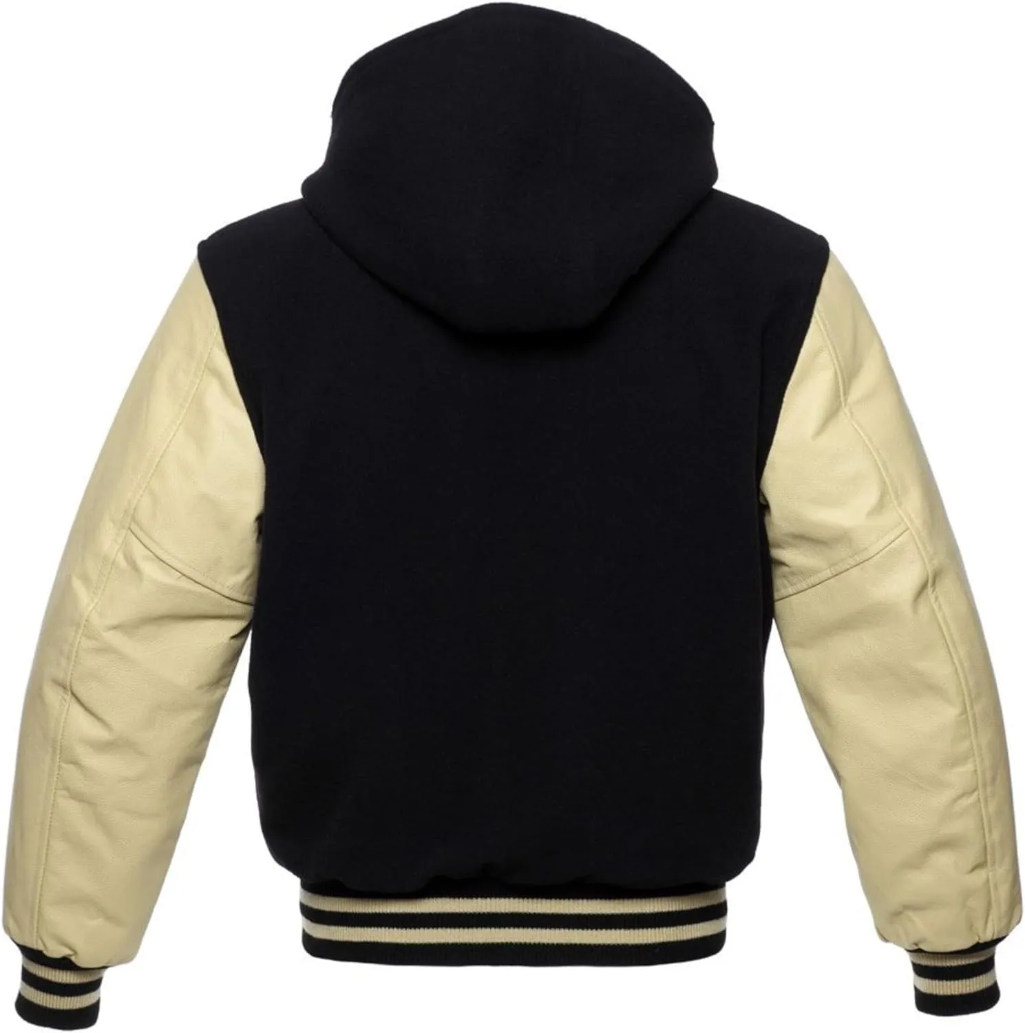 Men's Hooded Varsity Jacket Men Real Leather Sleeve and Wool Blend Body High School Letterman Baseball Jacket