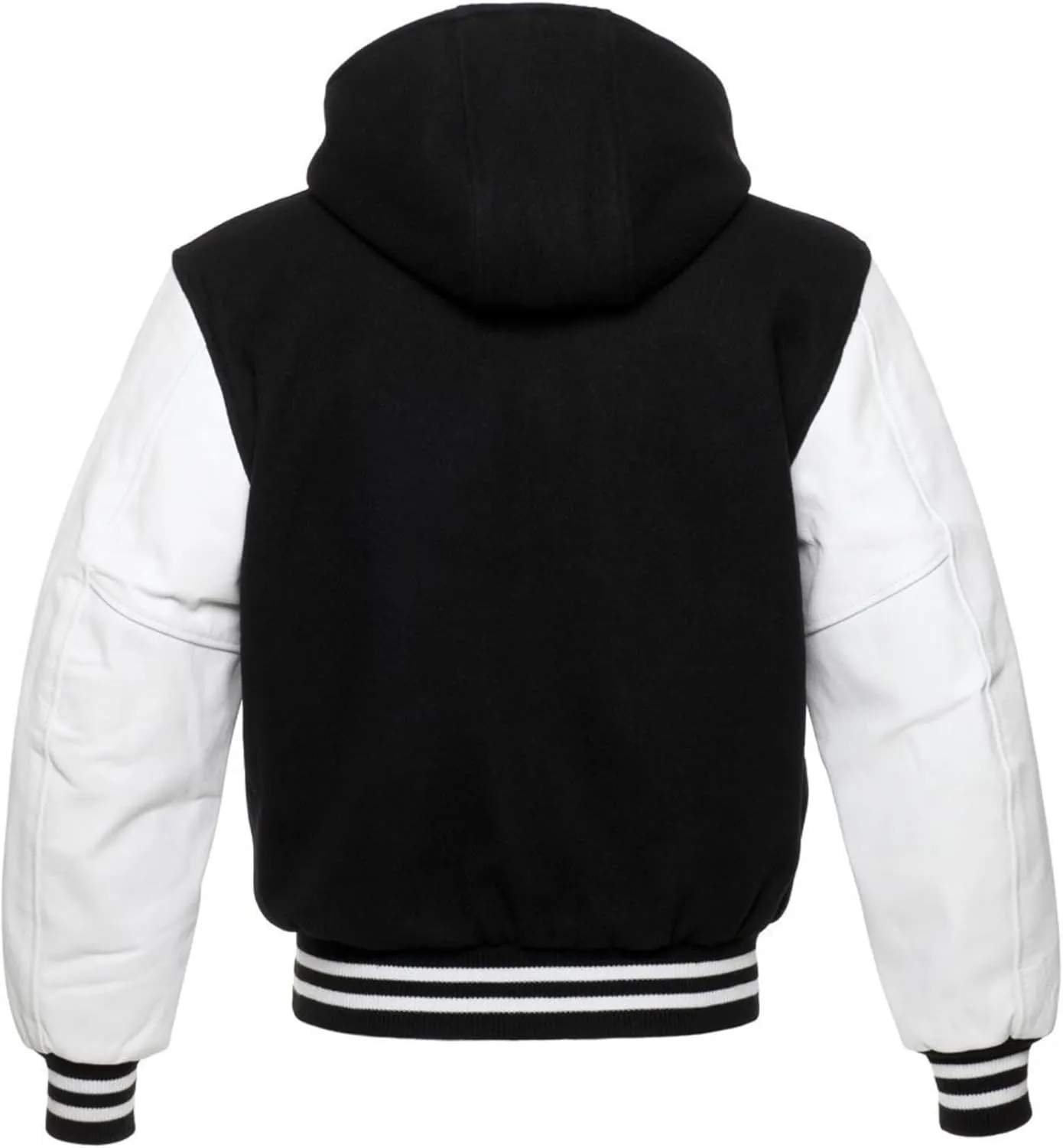 Men's Hooded Varsity Jacket Men Real Leather Sleeve and Wool Blend Body High School Letterman Baseball Jacket
