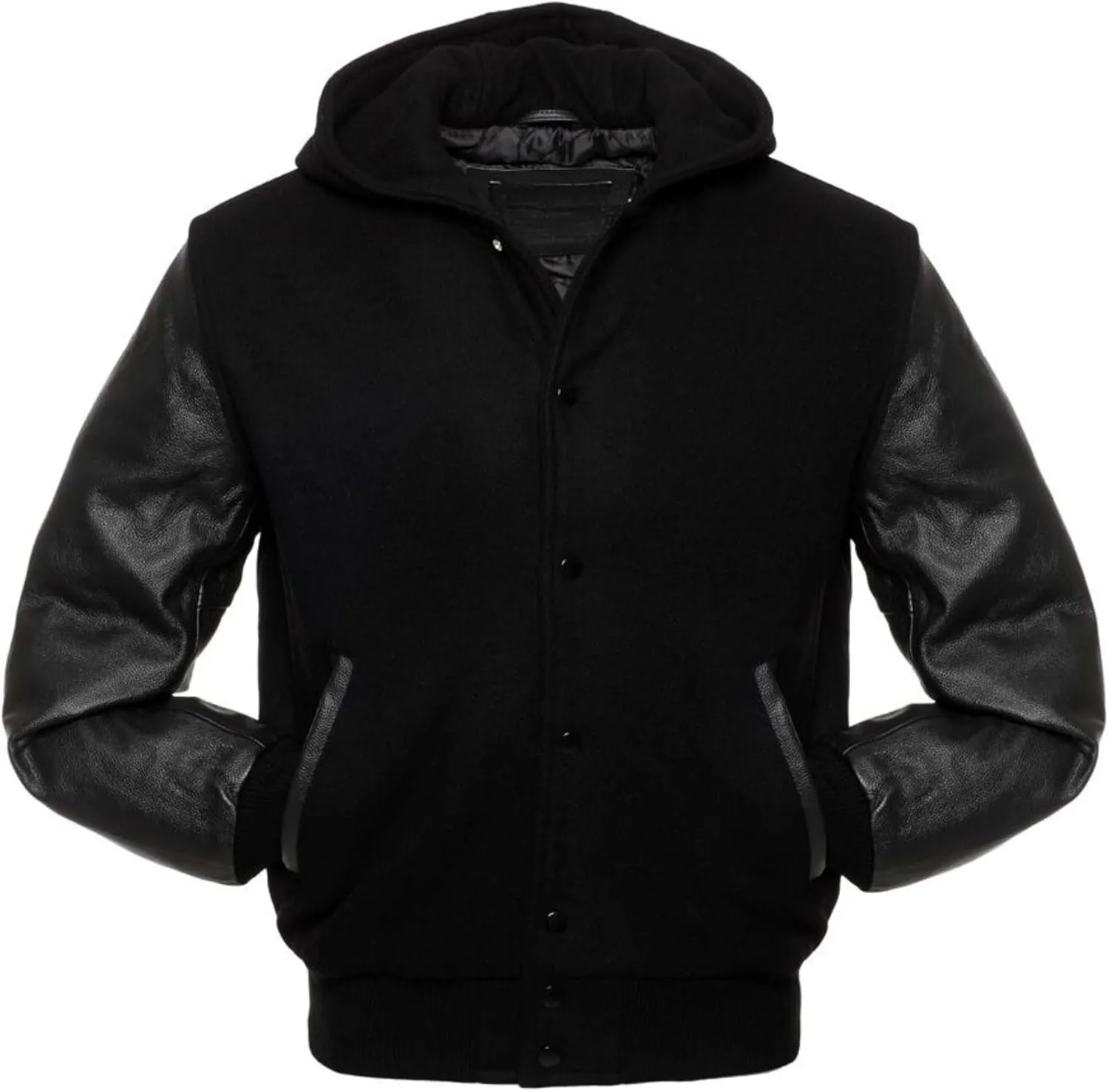 Men's Hooded Varsity Jacket Men Real Leather Sleeve and Wool Blend Body High School Letterman Baseball Jacket