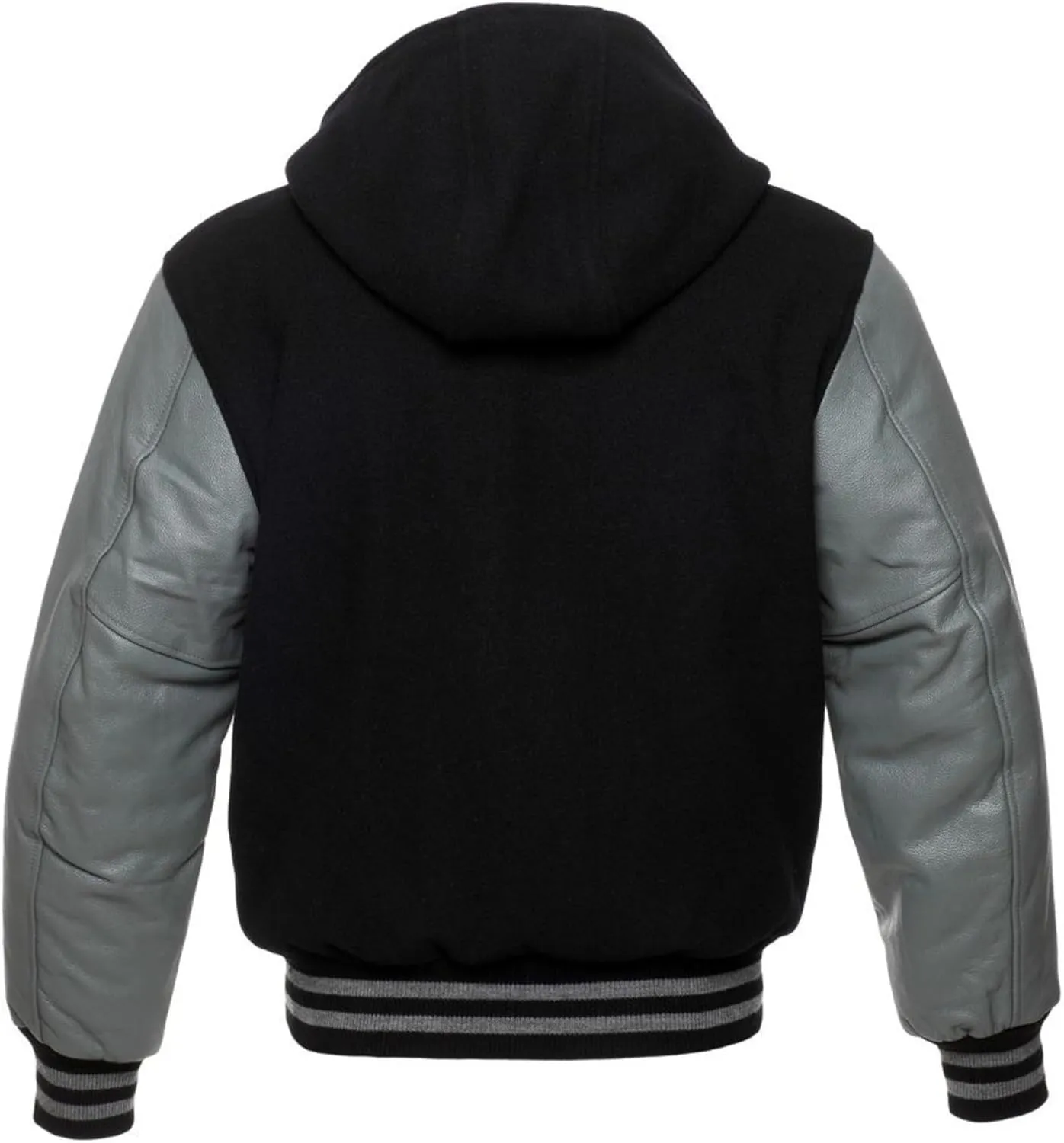 Men's Hooded Varsity Jacket Men Real Leather Sleeve and Wool Blend Body High School Letterman Baseball Jacket