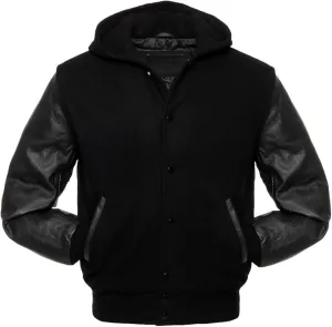 Men's Hooded Varsity Jacket Men Real Leather Sleeve and Wool Blend Body High School Letterman Baseball Jacket
