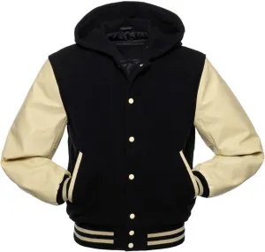 Men's Hooded Varsity Jacket Men Real Leather Sleeve and Wool Blend Body High School Letterman Baseball Jacket