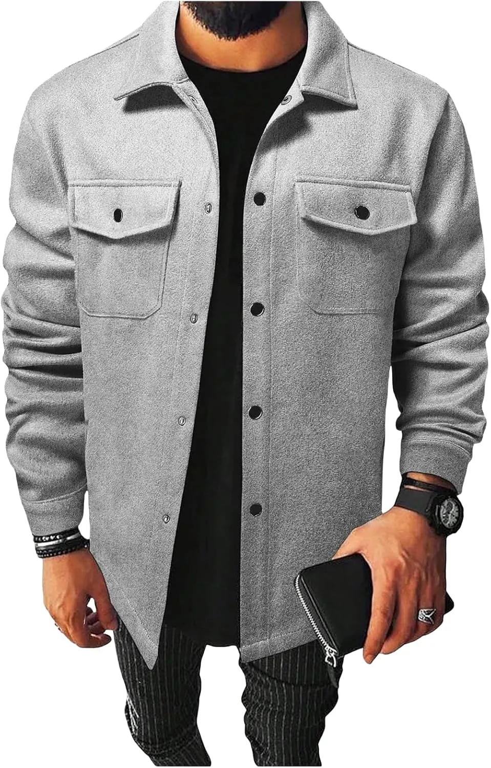 Men's Jacket Long Sleeve Button Down Jackets Open Front Cardigan Overcoat Lightweight Casual Coat with Flap Pockets