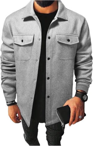 Men's Jacket Long Sleeve Button Down Jackets Open Front Cardigan Overcoat Lightweight Casual Coat with Flap Pockets