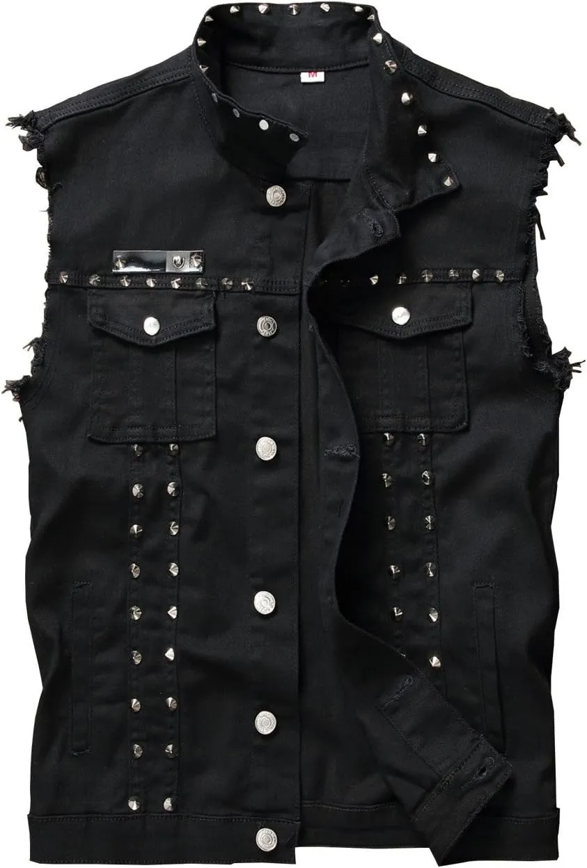 Men's Punk Denim Vest Sleeveless Jean Jackets With Rivets