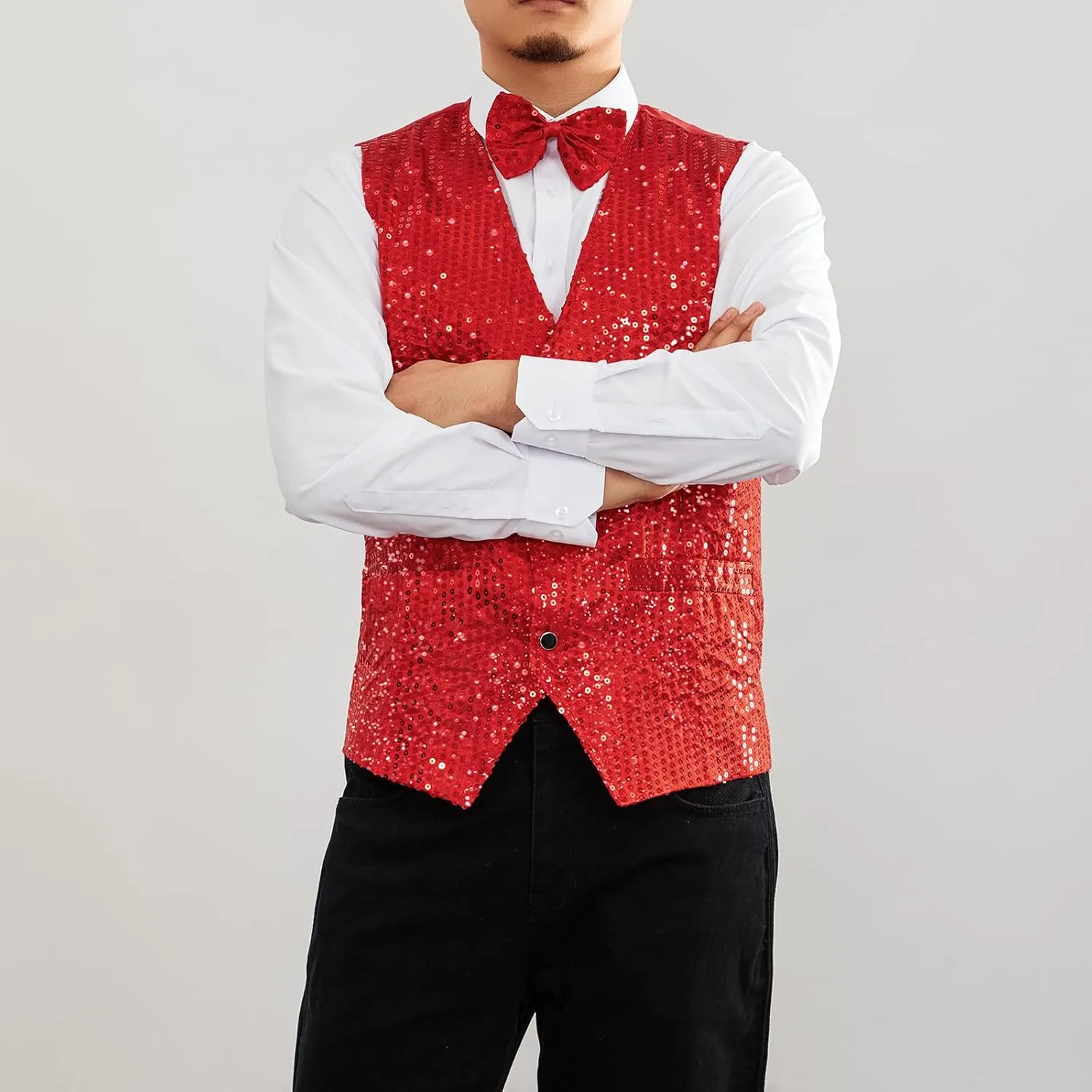 Mens Sequin Vests Dress Suit Vest Casual Shiny Waistcoat Bowtie Set with Pockets for Party Tuxedo Prom Wedding