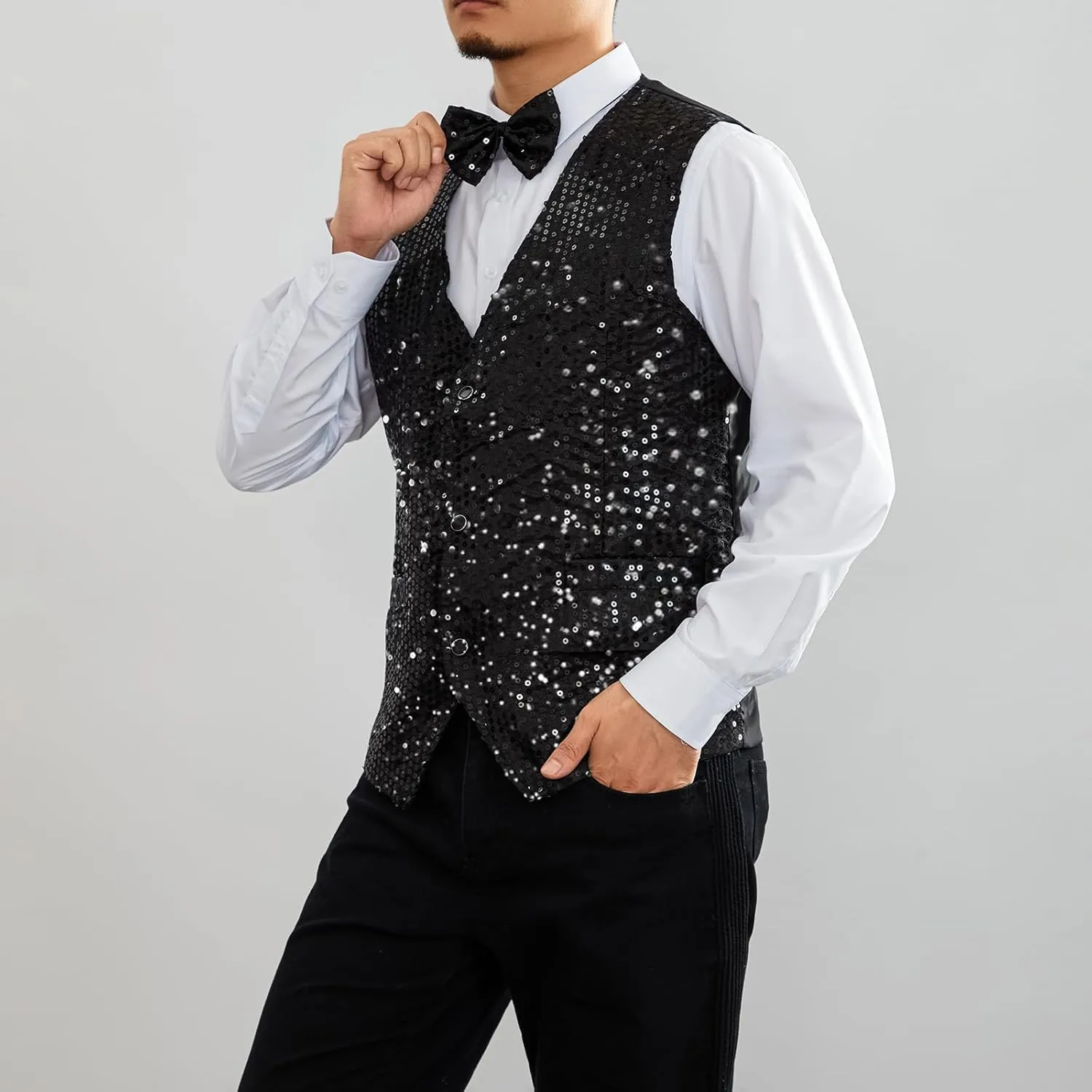 Mens Sequin Vests Dress Suit Vest Casual Shiny Waistcoat Bowtie Set with Pockets for Party Tuxedo Prom Wedding