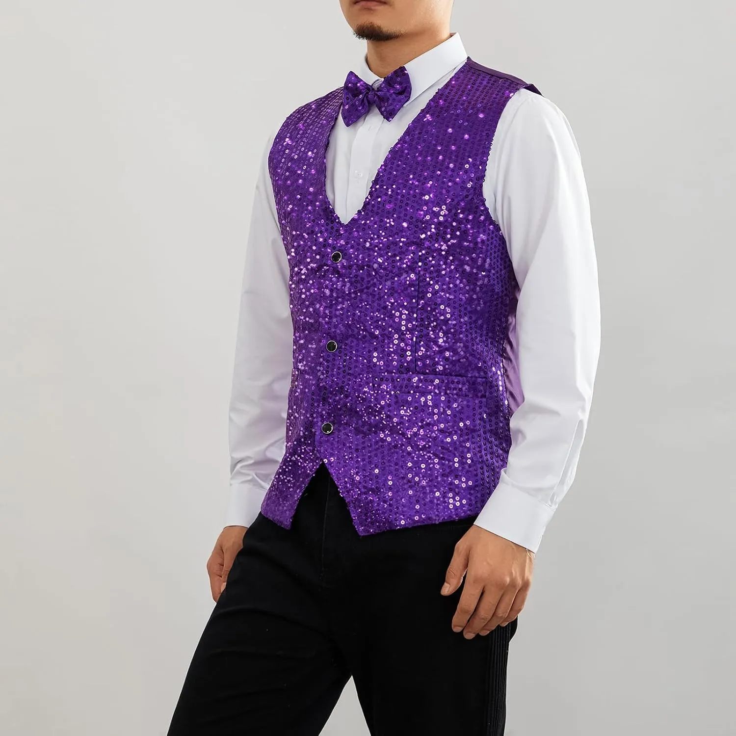 Mens Sequin Vests Dress Suit Vest Casual Shiny Waistcoat Bowtie Set with Pockets for Party Tuxedo Prom Wedding