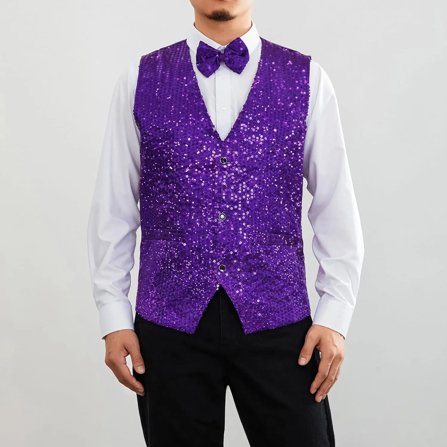 Mens Sequin Vests Dress Suit Vest Casual Shiny Waistcoat Bowtie Set with Pockets for Party Tuxedo Prom Wedding