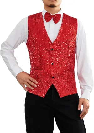 Mens Sequin Vests Dress Suit Vest Casual Shiny Waistcoat Bowtie Set with Pockets for Party Tuxedo Prom Wedding