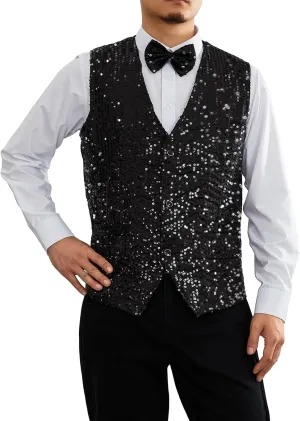 Mens Sequin Vests Dress Suit Vest Casual Shiny Waistcoat Bowtie Set with Pockets for Party Tuxedo Prom Wedding