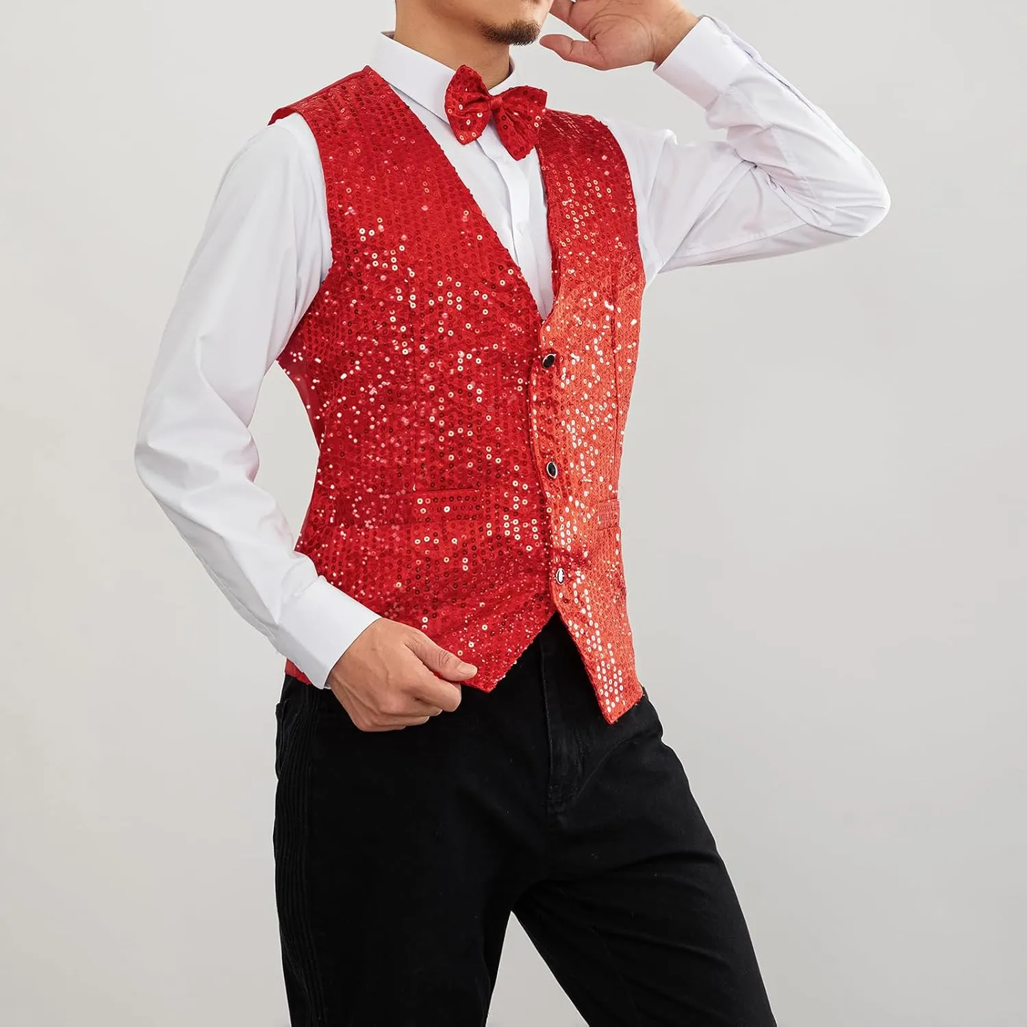 Mens Sequin Vests Dress Suit Vest Casual Shiny Waistcoat Bowtie Set with Pockets for Party Tuxedo Prom Wedding