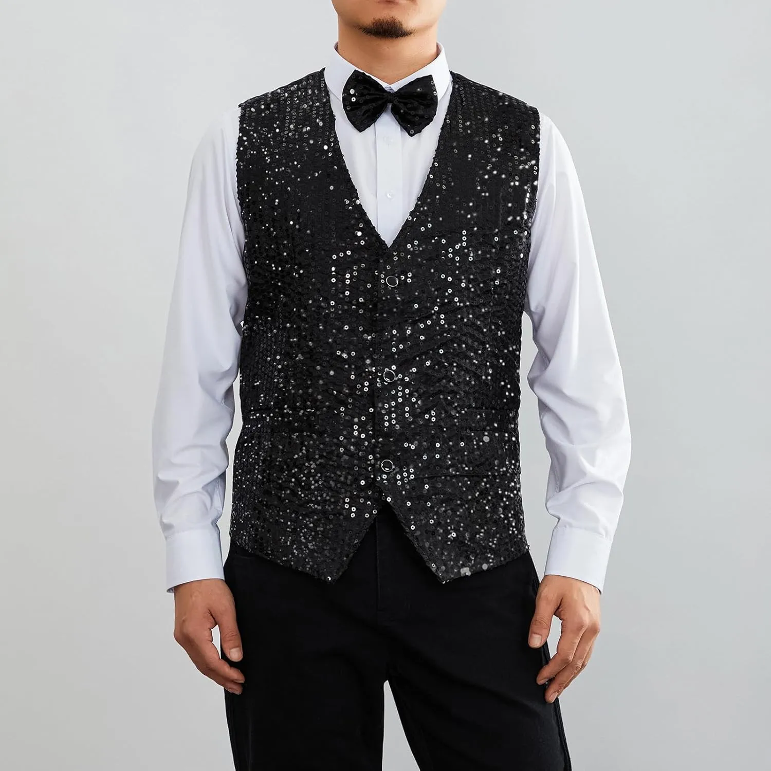 Mens Sequin Vests Dress Suit Vest Casual Shiny Waistcoat Bowtie Set with Pockets for Party Tuxedo Prom Wedding