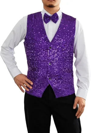 Mens Sequin Vests Dress Suit Vest Casual Shiny Waistcoat Bowtie Set with Pockets for Party Tuxedo Prom Wedding