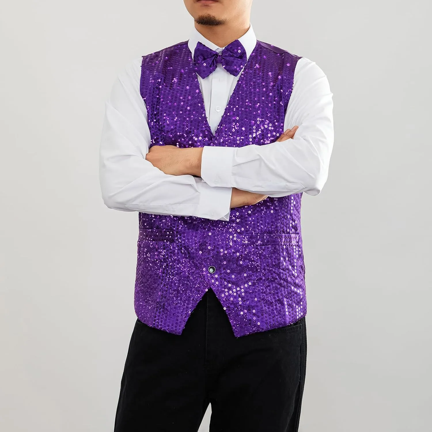 Mens Sequin Vests Dress Suit Vest Casual Shiny Waistcoat Bowtie Set with Pockets for Party Tuxedo Prom Wedding