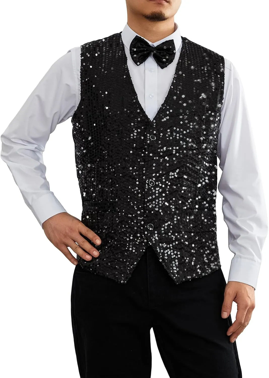 Mens Sequin Vests Dress Suit Vest Casual Shiny Waistcoat Bowtie Set with Pockets for Party Tuxedo Prom Wedding