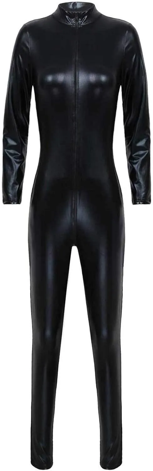 Men's Thongs, Briefs Womens Lingerie Zipper Bodysuit Slim Fit Long Sleeve Jumpsuits Patent Leather (Color : Black, Size : Medium)