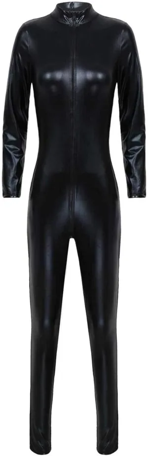 Men's Thongs, Briefs Womens Lingerie Zipper Bodysuit Slim Fit Long Sleeve Jumpsuits Patent Leather (Color : Black, Size : Medium)