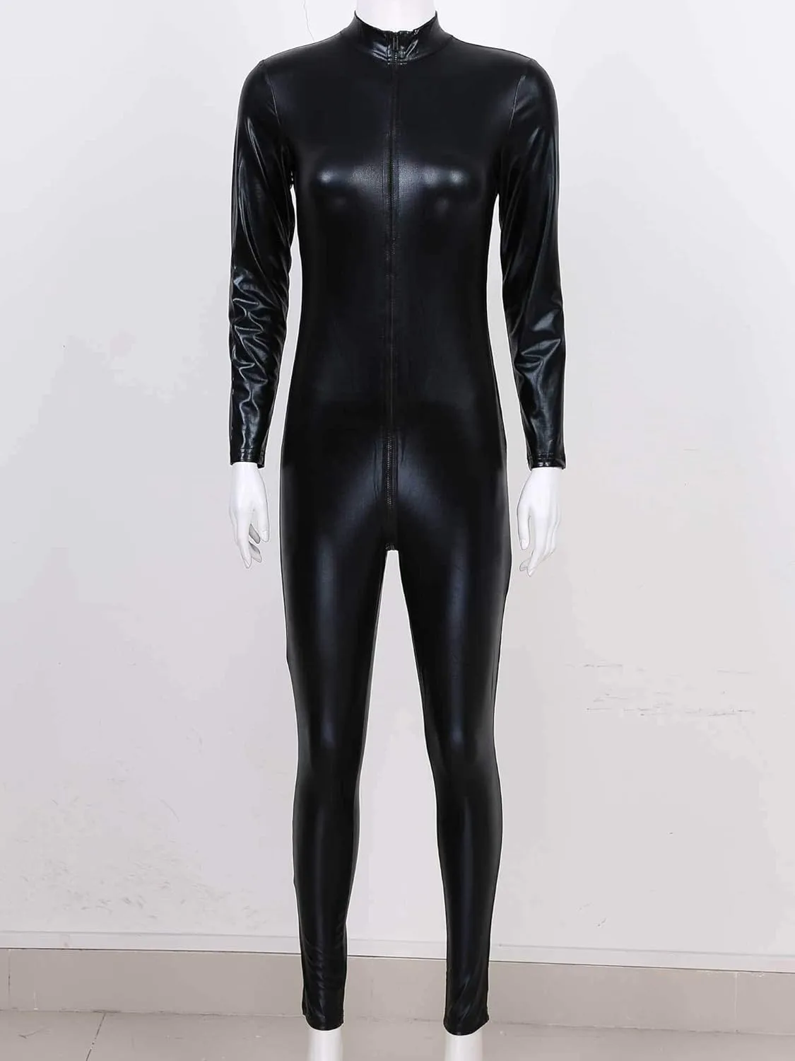 Men's Thongs, Briefs Womens Lingerie Zipper Bodysuit Slim Fit Long Sleeve Jumpsuits Patent Leather (Color : Black, Size : Medium)