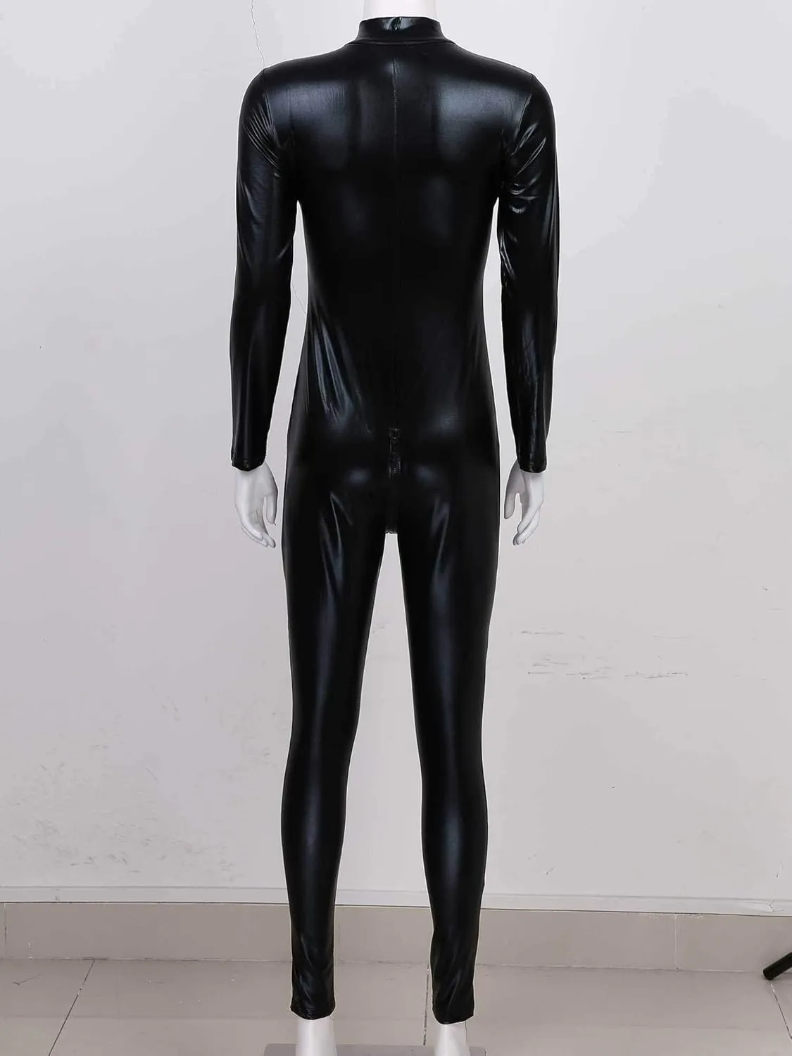 Men's Thongs, Briefs Womens Lingerie Zipper Bodysuit Slim Fit Long Sleeve Jumpsuits Patent Leather (Color : Black, Size : Medium)