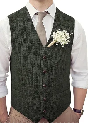Men's Wool Herringbone Groom Vests Formal Groom's Wear Suit Tweed Vest Skinny Wedding Dress Waistcoat