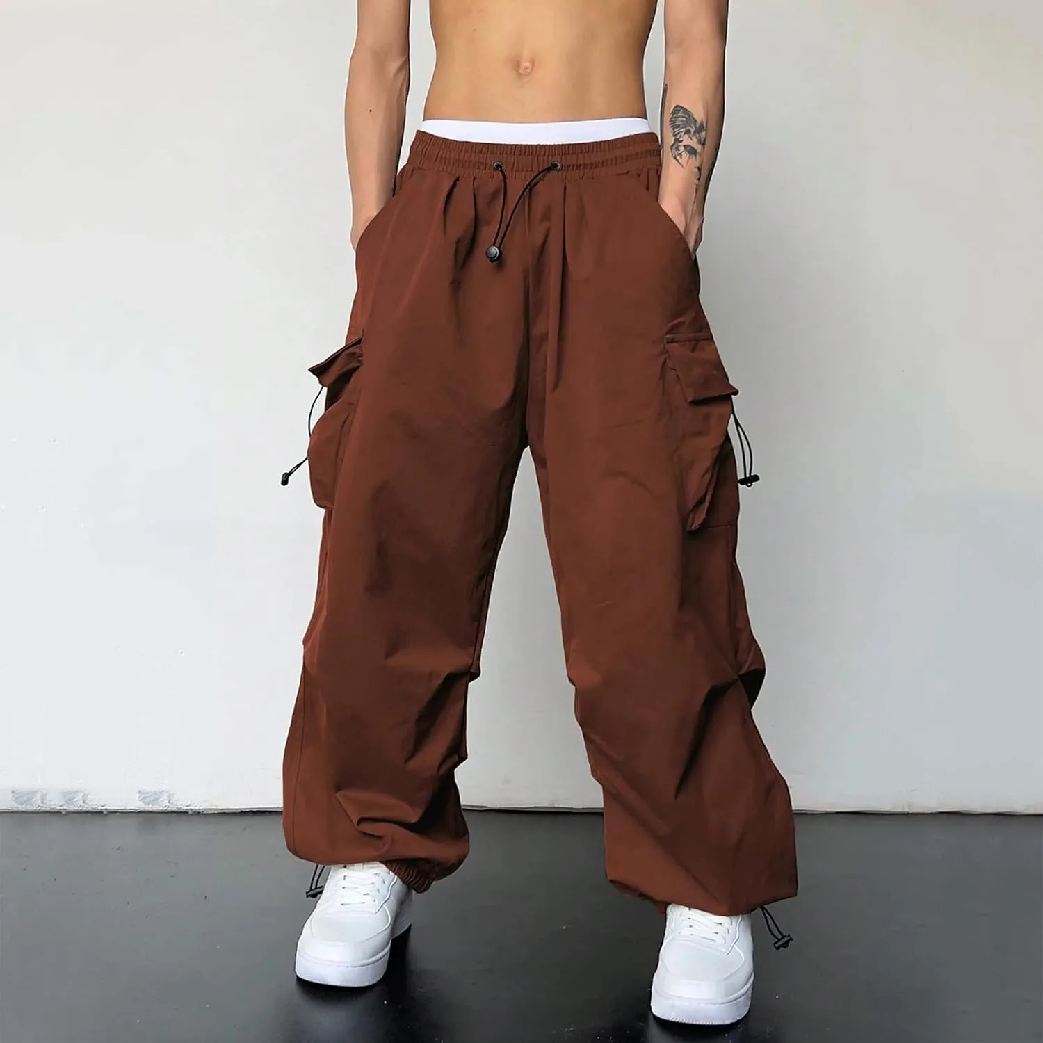 Men's Work Pants Loose Big Trousers Lace Straps Side 4 Pockets Casual Sports Trousers Suit Pants for Men