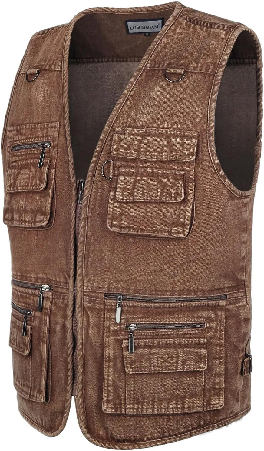 Men's Zipper Multi Pockets Casual Vest Outdoor Travel Fishing Hunting Photo Utility Work Cargo Vests Denim Black