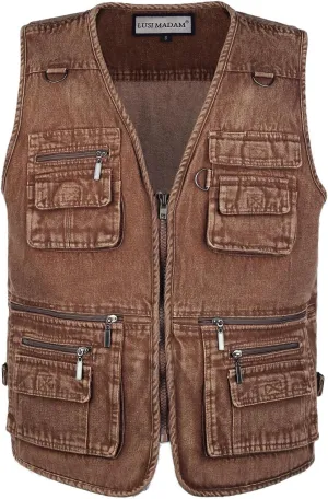 Men's Zipper Multi Pockets Casual Vest Outdoor Travel Fishing Hunting Photo Utility Work Cargo Vests Denim Black