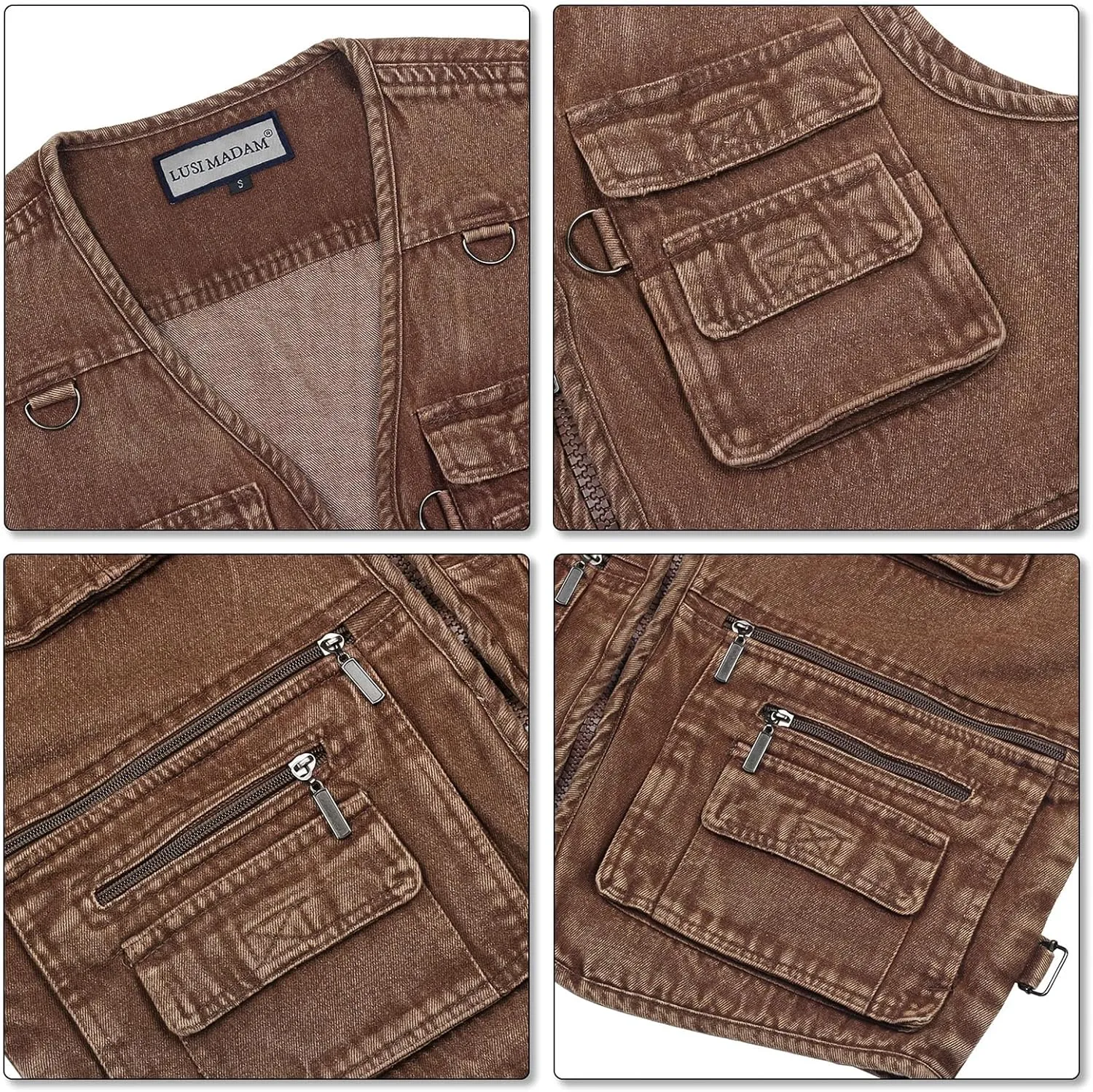 Men's Zipper Multi Pockets Casual Vest Outdoor Travel Fishing Hunting Photo Utility Work Cargo Vests Denim Black
