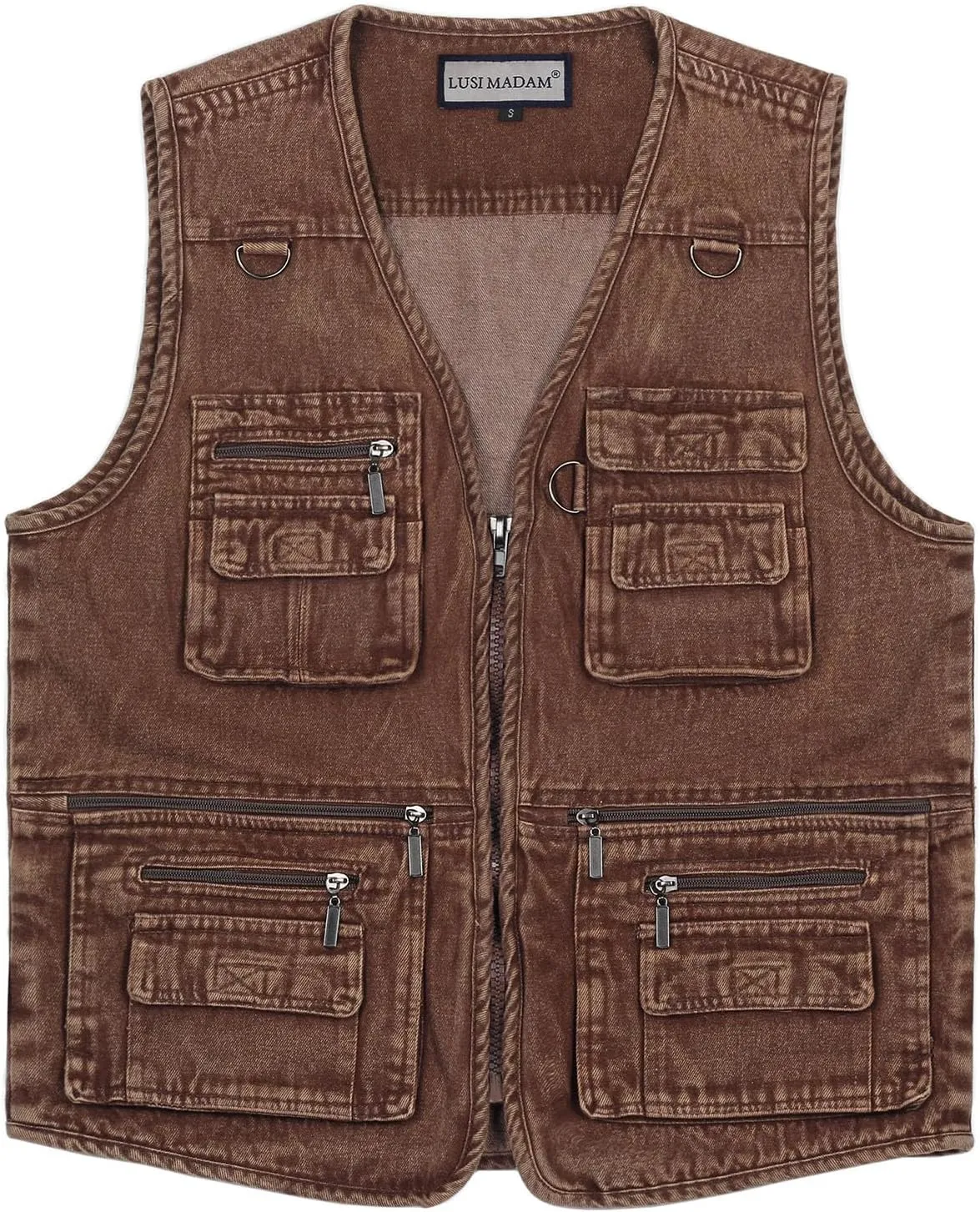 Men's Zipper Multi Pockets Casual Vest Outdoor Travel Fishing Hunting Photo Utility Work Cargo Vests Denim Black
