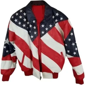 Michael Hoban WhereMI USA Independence Day American Flag Genuine Leather Motorcycle Bomber Jacket