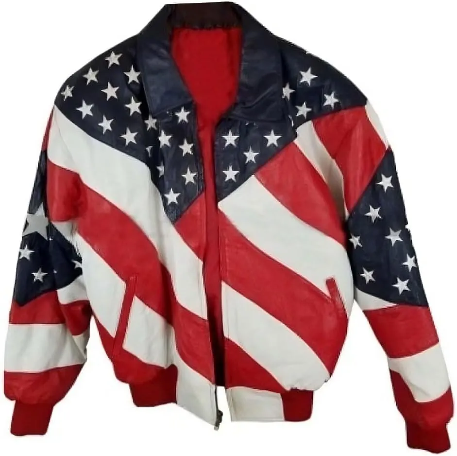 Michael Hoban WhereMI USA Independence Day American Flag Genuine Leather Motorcycle Bomber Jacket