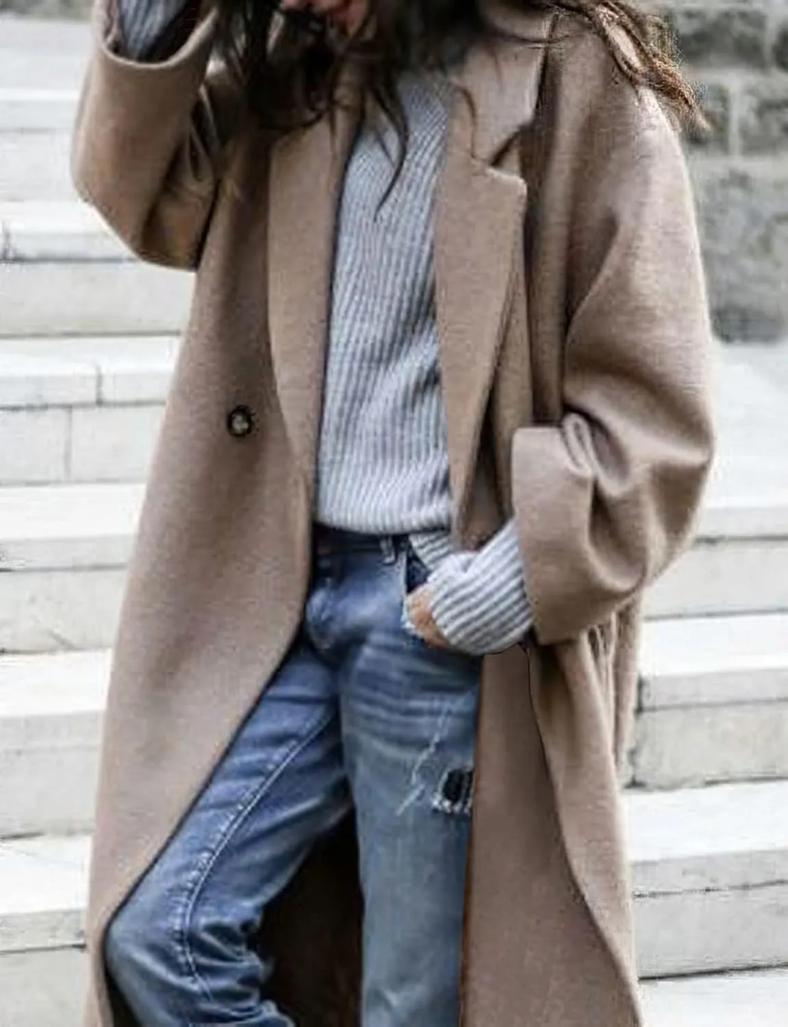 MOLERFO Women's Oversized Notched Collar Wool Blend Single Breast Midi Long Trench Coat