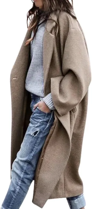 MOLERFO Women's Oversized Notched Collar Wool Blend Single Breast Midi Long Trench Coat