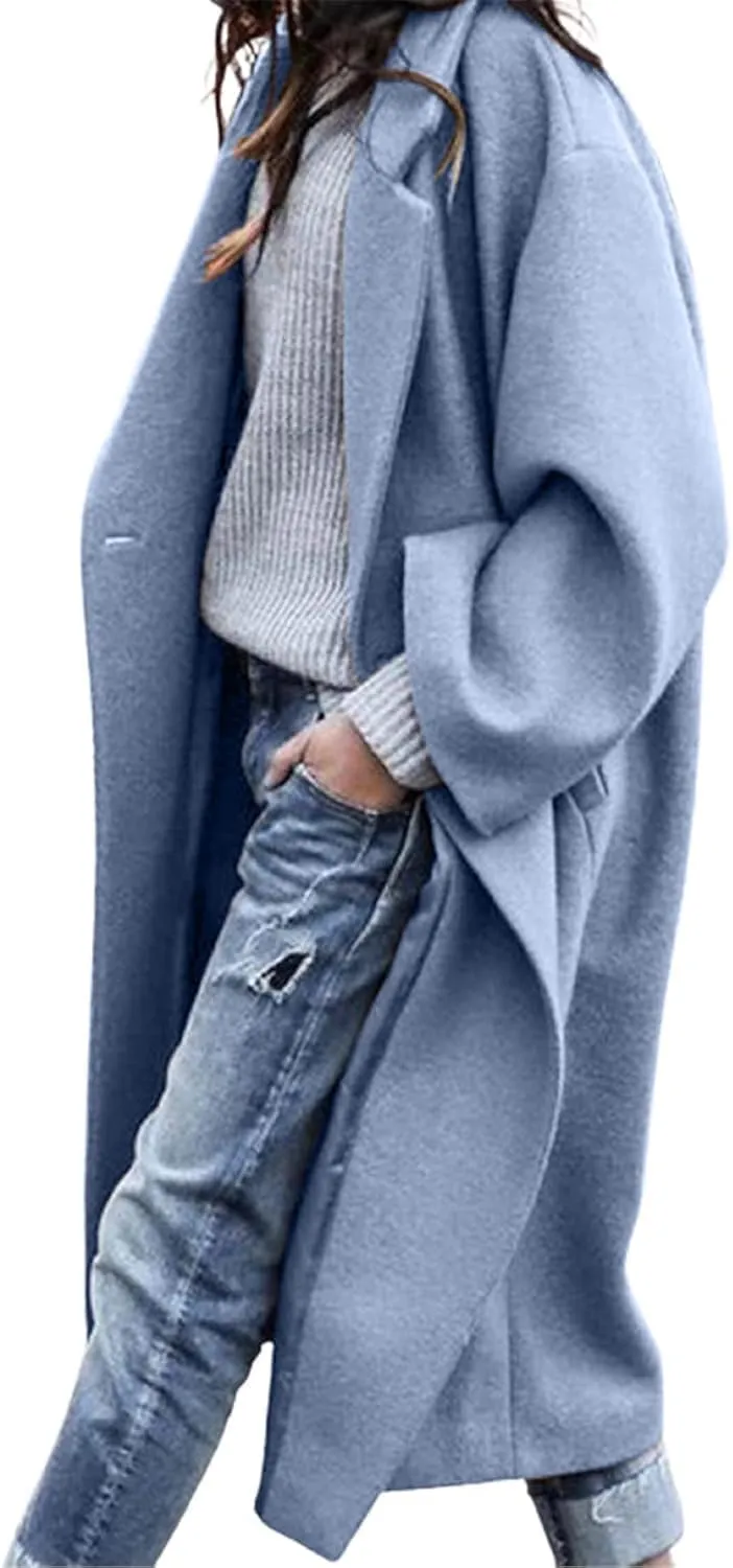 MOLERFO Women's Oversized Notched Collar Wool Blend Single Breast Midi Long Trench Coat